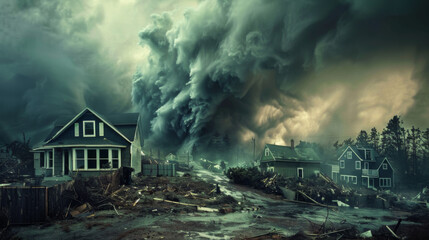 House, hurricane or natural disaster and dark cloud in sky with aftermath of loss or property wreckage. Building, home and tornado with real estate damage, debris or destruction from storm in China