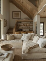 Cozy Living Room Interior with Neutral Tones and Wooden Accents