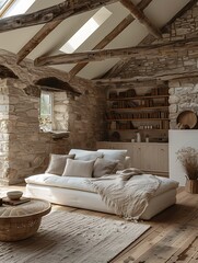 Rustic Stone Interior with Exposed Wooden Beams and Modern Sofa