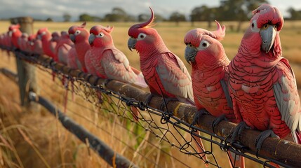 Image of hundreds of Galah Cockatoos perched on the fence right next to the field, australia agriculture landscape, nice weather, view from above, natural color. copy space for text. - Powered by Adobe