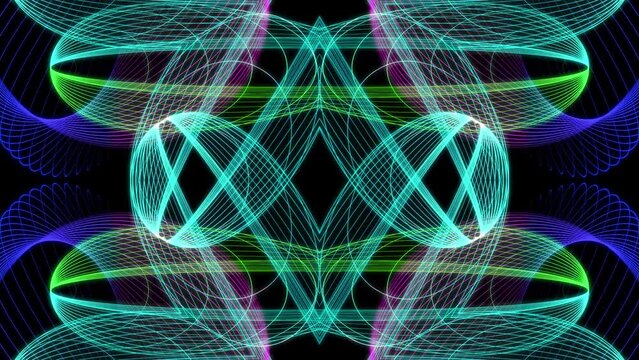 A motion graphic of spirograph pendulum on black background