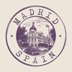 Madrid, Spain Stamp City Postmark. Silhouette Postal Passport. Round Vector Icon. Vintage Postage Design.