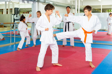 Pair of teenager boys wearing kimono practicing new karate moves during training in gym