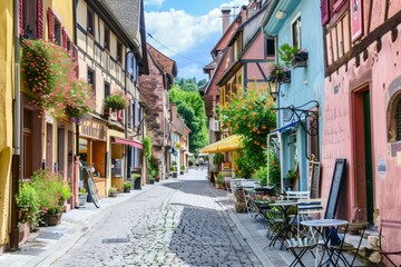 A charming European village with cobblestone streets, colorful buildings, and sidewalk cafes, inviting visitors to explore its historic charm, Generative AI