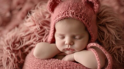 Newborn baby girl in pink knitted bear hat. copy space for text.