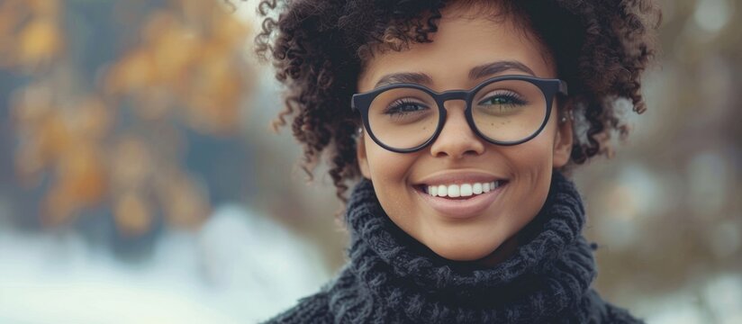 The image shows a close up of a woman wearing glasses, with a cheerful smile directed at the camera