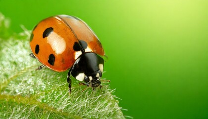 Wallpaper texted Macro ladybug in nature green background. - obrazy, fototapety, plakaty