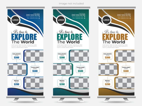 Modern and clean travel agency roll up banner design with multiple color variation.