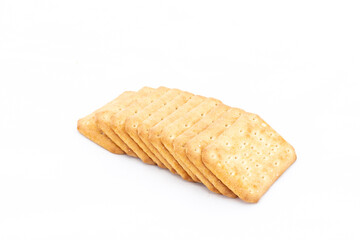 Row of salty crackers isolated on a white background. Copy space
