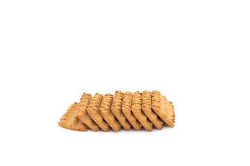 Sweet rectangular bar shape biscuits in row on isolated white background