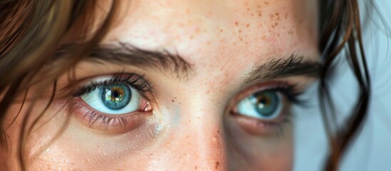 Naklejka premium Portrait showcasing a woman's face with striking freckles clustered around her eyes, adding an alluring touch