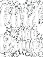  Kindness quotes Flower Coloring Page Beautiful black and white illustration for adult coloring book
