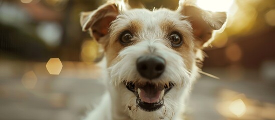 A curious and friendly canine with a wagging tail is gazing directly into the camera lens - obrazy, fototapety, plakaty