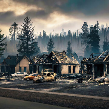The destruction left by a forest fire, burnt out homes