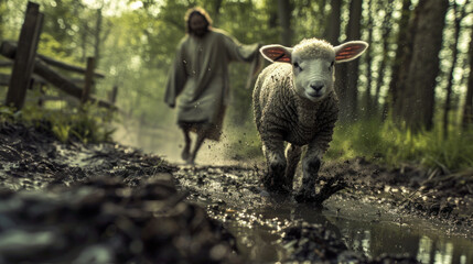 A man is holding a lamb and they are running through a muddy field