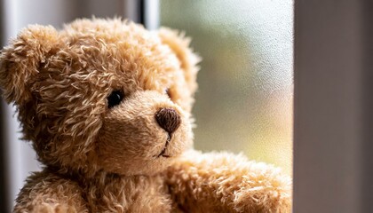 A teddy bear looking out the window.
