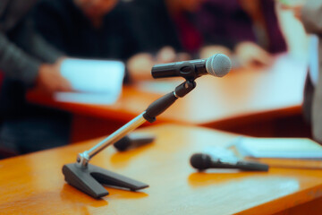 Press Conference Microphone in a Meeting Room. Mic ready for a political announcement during a...