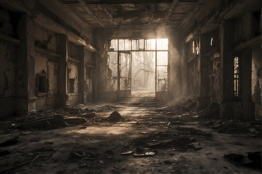 Urban explorer with safety equipment in abandoned location