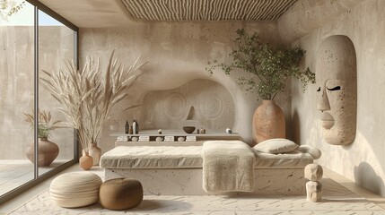 Modern Spa Interior with Sculptural Wall Art and Natural Elements