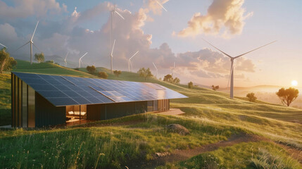 A small house with solar panels on the roof is on a hillside