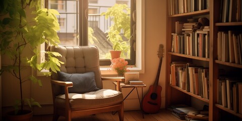 A cozy reading nook in a sunlit corner of the apartment, with a comfortable chair and a small bookshelf. - obrazy, fototapety, plakaty