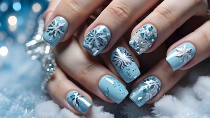 Winter wonderland manicures with glitter accents, ice blues, and snowflake patterns. Hand of a glamorous woman wearing nail paint on her fingers. nail art and design.