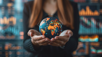 A woman is holding a globe in her hands. The globe is surrounded by a lot of numbers and graphs. The woman is wearing a black shirt and she is focused on the globe