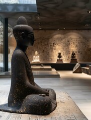 Black Granite Pharaoh Statue in Museum Exhibition