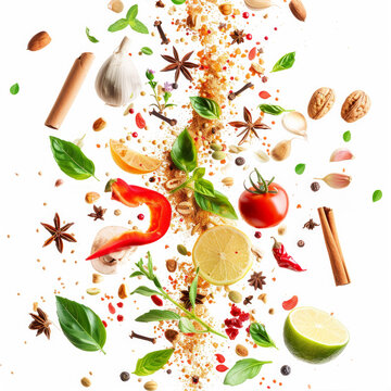 A colorful assortment of spices and vegetables are scattered across the image