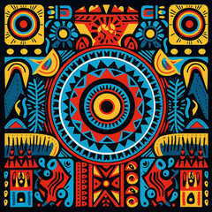 vector, print design in the style of ethnic carpet patterns, Aztec art and African textile designs. Red blue yellow orange. No background. Flat illustration. The pattern is symmetrical. A large centra