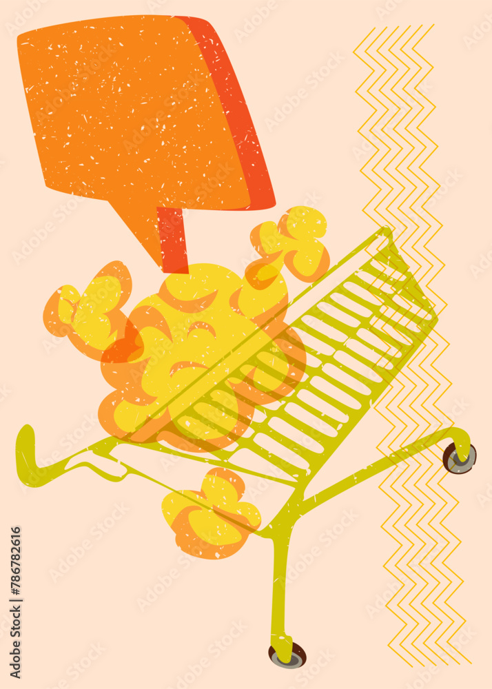Poster risograph shopping cart with speech bubble with geometric shapes. objects in trendy riso graph print