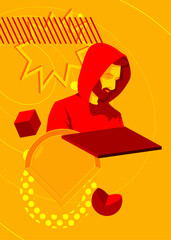 Man with geometrical graphic retro theme background. Minimal geometric elements. Vintage abstract shapes vector illustration.