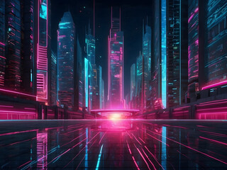 Urban architecture, cityscape with space, neon light effect design, and neon light. Modern hi-tech, science, futuristic technology concept
