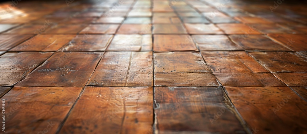 Aufkleber close-up view of a wooden floor featuring a detailed tile pattern design in brown shades, creating a