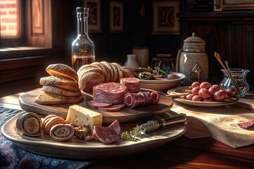Slices of salami, bread, cheese and olives on a wooden table
