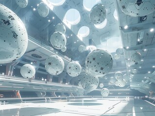 A futuristic sports arena filled with these balls suspended in gravity-defying positions