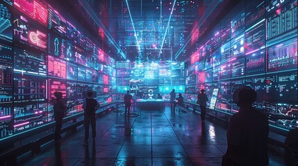 A futuristic virtual reality setting where online cryptocurrency traders gather for a high-stakes trading competition Each participant, focused on their screens, surrounded by digital displays  - obrazy, fototapety, plakaty