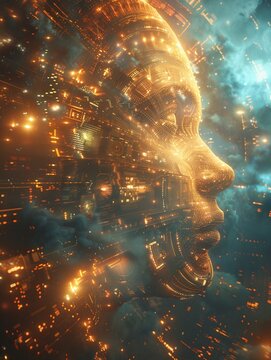 A futuristic realm where ethereal beings commune, engaging in philosophical debates on the mysteries of consciousness 3D rendered image with a golden hour lighting effect