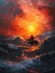 Fototapeta premium A sailor clings to a life raft on a vast ocean, waves crashing around him The setting sun paints the sky in fiery hues, contrasting with the desperate struggle for survival