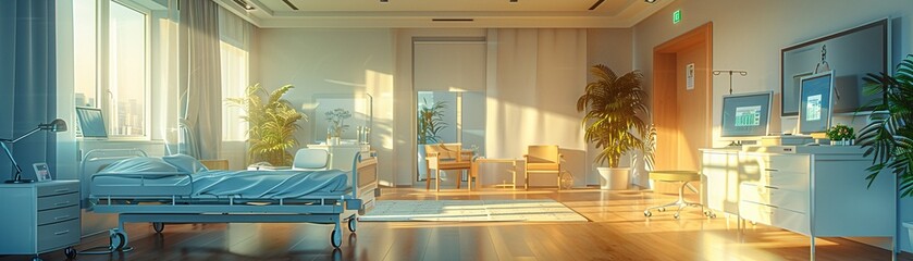 A serene hospital room with AI-powered medical devices working seamlessly to monitor a patients vitals The scene conveys a sense of calm efficiency and advanced technological