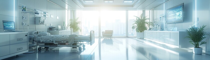 A serene hospital room with AI-powered medical devices working seamlessly to monitor a patients vitals The scene conveys a sense of calm efficiency and advanced technological