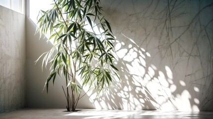 Bamboo plant in modern interior with sunlight and shadow on the wall
