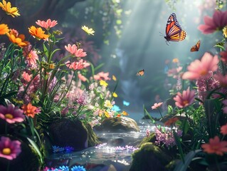 Fototapeta na wymiar A serene virtual garden where lifelike flora and fauna created by an AI system flourish Delicate flowers