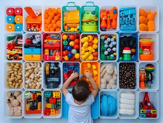 Colorful Toy Organizational Skills Demonstrated by a Child at Home