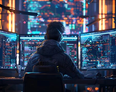 A programmer meticulously writing code for a smart contract on a computer screen They are surrounded by screens displaying blockchain technology Realistic style - Powered by Adobe