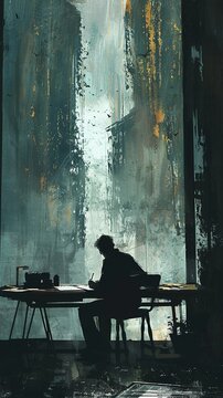 A screenwriter scribbles ideas in a dimly lit room The opening scene of a barren wasteland reflects a sense of desolation Painting, Silhouette lighting,