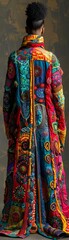 A vibrant coat bursting with colors and textures from exotic cultures, draped elegantly in a photography style shot, capturing the essence of diversity and global unity Photography, Golden hour,
