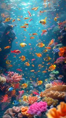 Obraz na płótnie Canvas A vibrant coral reef teeming with colorful fish and swaying sea plants The image is an underwater 3D render, capturing the intricate details of the marine life Camera angle
