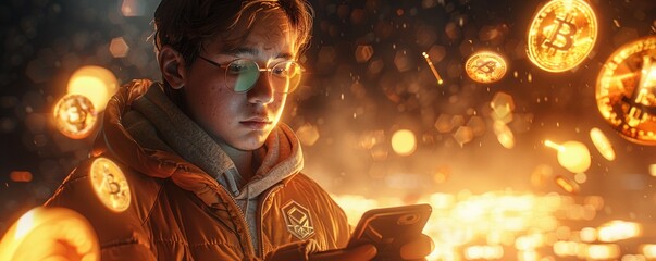 A young investor checking their phone, surrounded by floating cryptocurrency symbols and internet meme images Realistic 3D render with golden hour lighting - obrazy, fototapety, plakaty