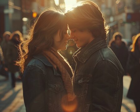 A young couple reenacts an iconic movie scene in an urban setting, surrounded by onlookers mirroring their love and passion Photography style with backlighting effects